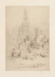Downtown Manhattan do East River, com o Woolworth Building