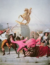 Patriotas de Nova York derrubam a estátua de George III no Bowling Green, 9 de julho de 1776