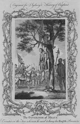 O governador de Meaux executado na árvore em que ele costumava pendurar seus prisioneiros ingleses, 1773.