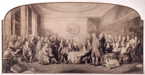 Os homens eminentes da ciência em 1807-1808. Encontro na biblioteca do Royal Institute of Sciences, Inglaterra. Gravura de William Walker e Sir John Gilbert (1817 - 1897) - Eminent Men of Science Living in 1807 - Eminent Men of Science