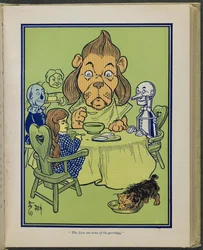 "O Leão comeu um pouco da papa", ilustração de "O maravilhoso Feiticeiro de Oz" de Lyman Frank Baum