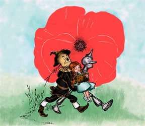 O Feiticeiro Maravilhoso de Oz - The Wizard of Oz: desenho de Denslow, William Wallace (1856-1915) para uma das primeiras edições do livro de Frank Baum (1856-1919) - Dorothee (Dorothy) e seu cão Toto estão longe do campo de papoilas mortíferas junto ao es