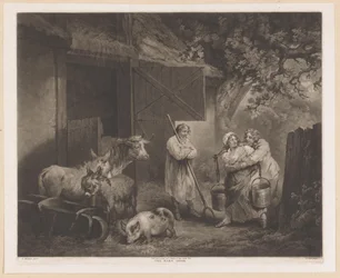 Milkmaid e duas mãos de fazenda perto de um celeiro
A porta do celeiro (título sobre o objecto)