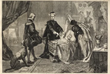 Rainha Mary deixando o Castelo de Stirling - Marie Stuart (Marie I da Escócia) em frente ao berço de seu filho (Jacques Stuart, Jacques VI e eu