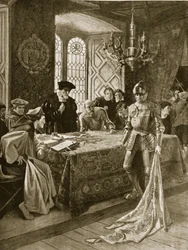O retorno da bandeira dos comércios a Edimburgo depois de Flodden, ilustração da "História da nação britânica" de Hutchinson, c.1923