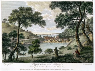 Copperworks perto de Holywell, Flintshire, País de Gales, propriedade da Mona Company, 1792