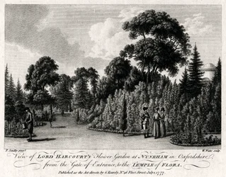 Vista do jardim de Lord Harcourts em Nuneham em Oxfordshire, 1777
