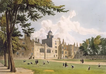 Casa da Carta do Play ground, de "History of Charter House", parte da "História dos Colégios" de Ackermann, gravada por W. Bennett, publicada em 1816 (aquatint)