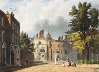 Casa da Carta da Praça, da "História da Escola Charter House", parte da "História dos Colégios", gravada por Joseph Constantine Stadler (fl.1780-1812) pub. por R. Ackermann, 1816 (aquatinta)