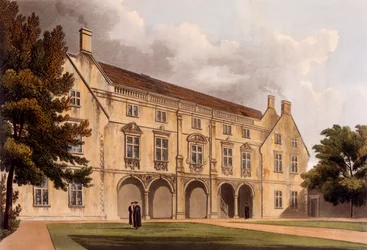 Exterior da biblioteca da faculdade de Magdalene, Cambridge, de "a história de Cambridge", gravada por Joseph Constantine Stadler (fl.1780-1812), bar. por R. Ackermann, 1815 (cor aquatint)