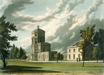 Exterior do Observatório Astronômico, ilustração da História de Oxford, gravada por Joseph Constantine Stadler (fl.1780-1813) pub. por R. Ackermann, 1813 (aquatinta)
