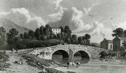 Greta Hall e Keswick Bridge, gravada por E. Francis, 1842