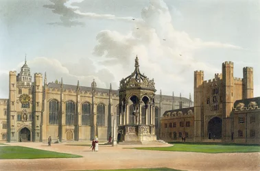 O Tribunal do Trinity College, Cambridge, de "A História de Cambridge", gravado por J. Bluck (fl.1791-1831), pub. por R. Ackermann, 1815 (cor aquatint)