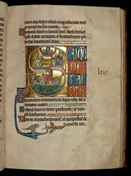 Ms 322 f.67r, Salmo 68, S inicial, Jonas orando a Cristo em sua saída da baleia e de Jonas lançada para a baleia, ilustração do &39;De Braile Psalter&39;, c.1250