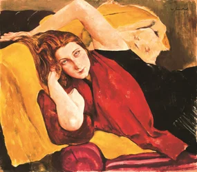 Retrato de uma jovem com uma estola vermelha - Retrato de uma menina com lenço vermelho, de Jaeckel, Willy (1888-1944). óleo sobre tela