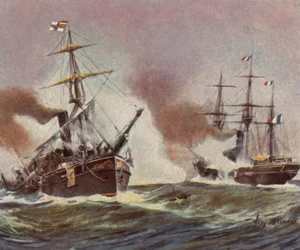 Batalha entre a canhoneira alemã "Meteor" e o aviso francês "Bouvet" ao largo de Havana, 9 de novembro de 1870 (litografia a cores melhorada)