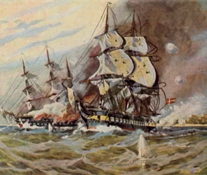 Baterias de praia alemãs perto de Eckernförde, 5 de abril de 1849 (litografia a cores melhorada)