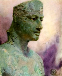 Cabeça de uma estátua de bronze de Pepy I, antigo faraó egípcio, do século 24 a 23 aC, 1926.