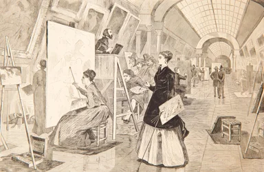 Estudantes de arte e copistas na Galeria do Louvre, Paris, 11 de janeiro de 1868