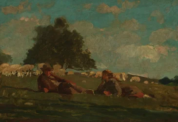 Rapaz e rapariga num campo com ovelhas