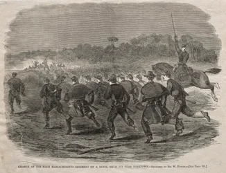 Carga do primeiro regimento de Massachusetts em um poço de fuzil rebelde perto de Yorktown, 1862.