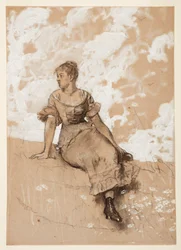 Desenho, Uma rapariga sentada; estudo para "O muro do jardim", 1878
