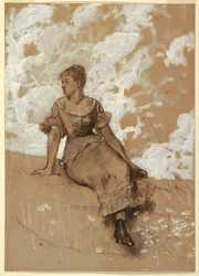 Desenho, Uma rapariga sentada; estudo para "O muro do jardim", 1878