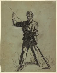 Desenho, Soldado de Cavalaria carregando uma espingarda, 1863-64