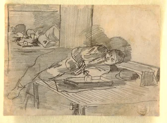 Desenho, Homem chinês a fumar um cachimbo de ópio, num clube de Baxter Street, Nova Iorque, ca. 1874
