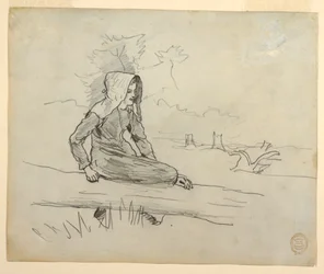 Desenho, Rapariga sentada num tronco de árvore, 1879