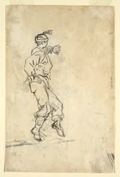 Desenho, tripulação de canhão a carregar um canhão, provavelmente 1861