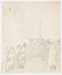 Desenho, Homens e mulheres olhando para o mar, Cullercoats, Inglaterra, 1881