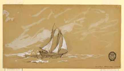 Desenho, Escuna com três dories, 1880