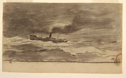 Desenho, Paisagem marítima com traineira de pesca, Cullercoats, Inglaterra, 1881-82