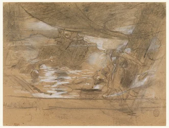 Desenho, convés de navio com duas mulheres, possivelmente 15 de julho de 1886