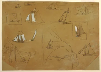 Desenho, Esboços de barcos à vela, Cullercoats, Inglaterra, 1881-82
