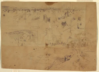 Desenho, Estudos de um campo de batalha com cepos de árvores e troncos de árvores destruídos, Petersburgo, Virgínia, 1864