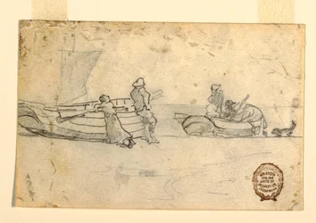 Desenho, Dois barcos na praia com figuras, Cullercoats, Inglaterra, 1881-82