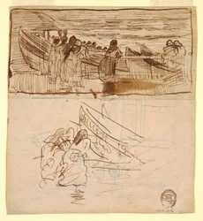 Desenho, Dois estudos de mulheres assistindo ao lançamento de dories, Cullercoats, Inglaterra, 1881