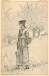 Desenho, Mulher jovem a passear num campo, 1879