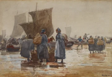 Pescadores na praia de Cullercoats