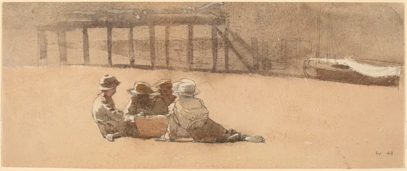 Quatro meninos em uma praia