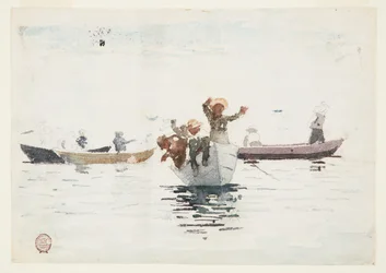 Quatro barcos a remo com crianças
