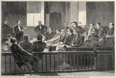 Jurados ouvindo um advogado, Supremo Tribunal, New City Hall, Nova York, 1869.