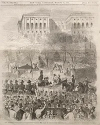 A procissão inaugural em Washington, passando pelo portão da capital, 1861.