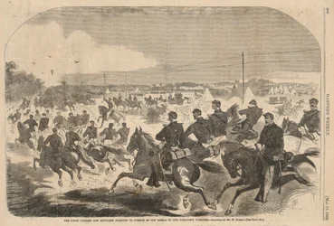 A cavalaria e artilharia da União começando em perseguição dos rebeldes até o Yorktown Turnpike, de Harper
