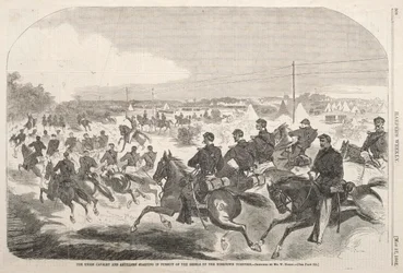 A cavalaria e a artilharia da união que começam na perseguição dos rebeldes acima do Turntown de Yorktown, 1862.