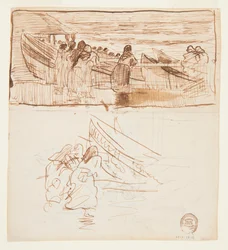 Dois estudos de mulheres atrás de grades, olhando para o lançamento de Dories, Cullercoats, Inglaterra