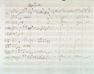 Página da partitura musical da Sinfonia N. 8 em D maior, de Mozart (1768)