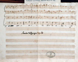Página com a assinatura do compositor Querite primum regnum Dei de Mozart para obter o título de Accademico filarmonico (1770)